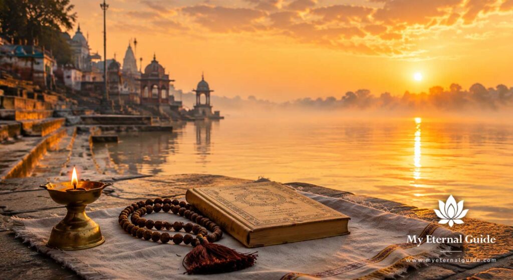 A peaceful Ganga ghat at dawn with mist rising from the river, symbolising Vedic reflection on death and inner peace