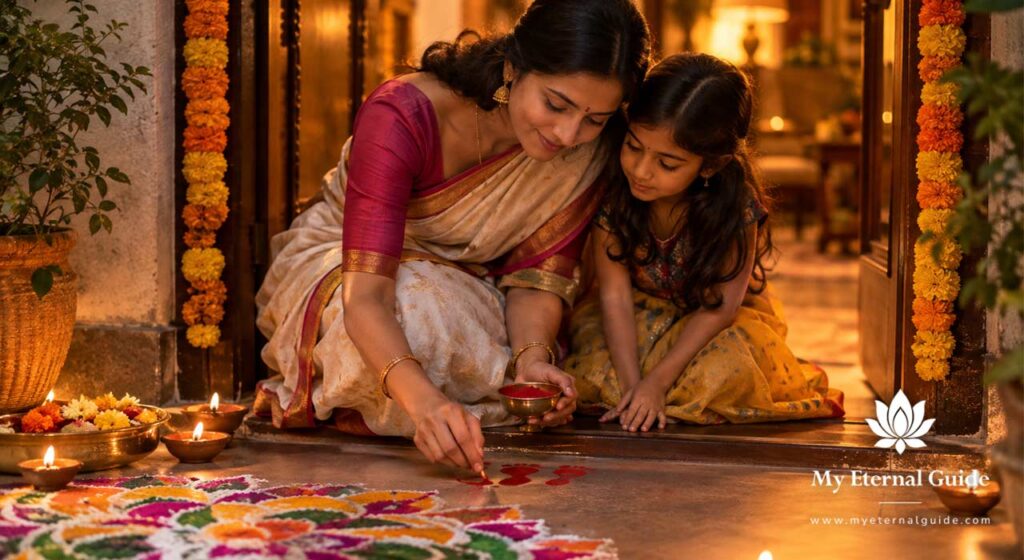 Rangoli and diyas at a cleansed doorstep with Lakshmi footprints, prepared for Lakshmi Puja