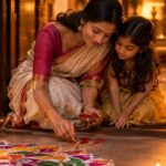 Rangoli and diyas at a cleansed doorstep with Lakshmi footprints, prepared for Lakshmi Puja